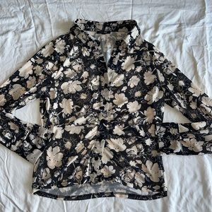 Black / White Floral Button Up Top / Blouse with Ruffles - Papermoon - Women’s L
